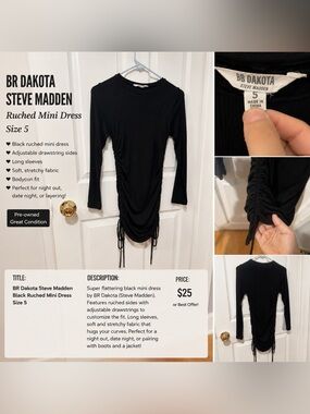 BB Dakota by Steve Madden Black Ruched Mini Dress | Size Small
